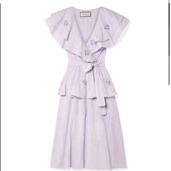 Innika Choo Lavender Pi Furlunche Wrap Ruffled Embroidered Linen Midi Dress - Picture 5 of 16
